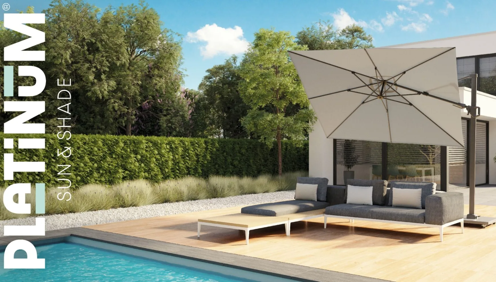 Platinum Challenger parasol Premium T2 2,6x3,5 m. - Champagne Teak - met ingraafvoet en hoes