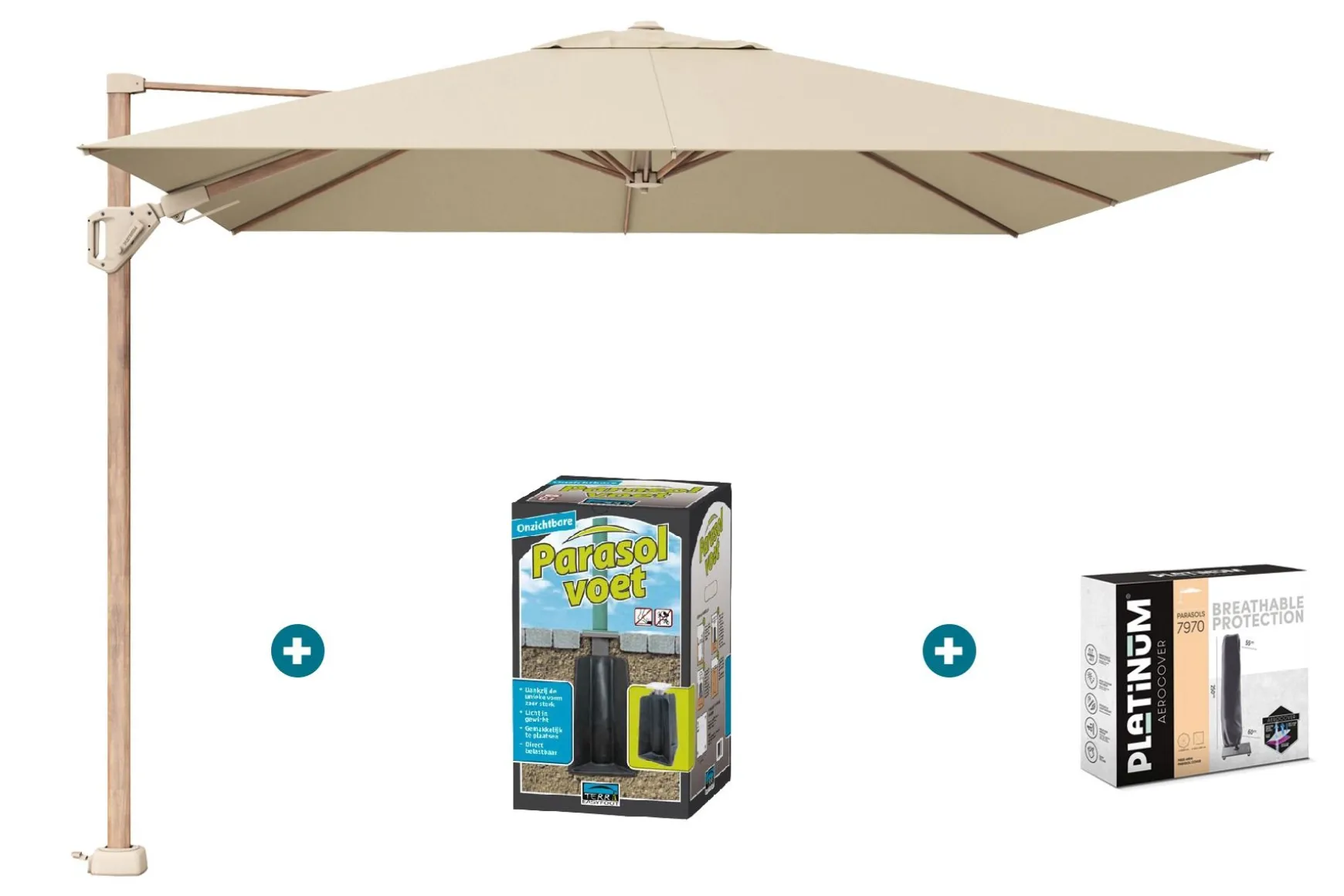 Platinum Challenger Premium T2 3x3 m Champagne Teak - met ingraafvoet en hoes
