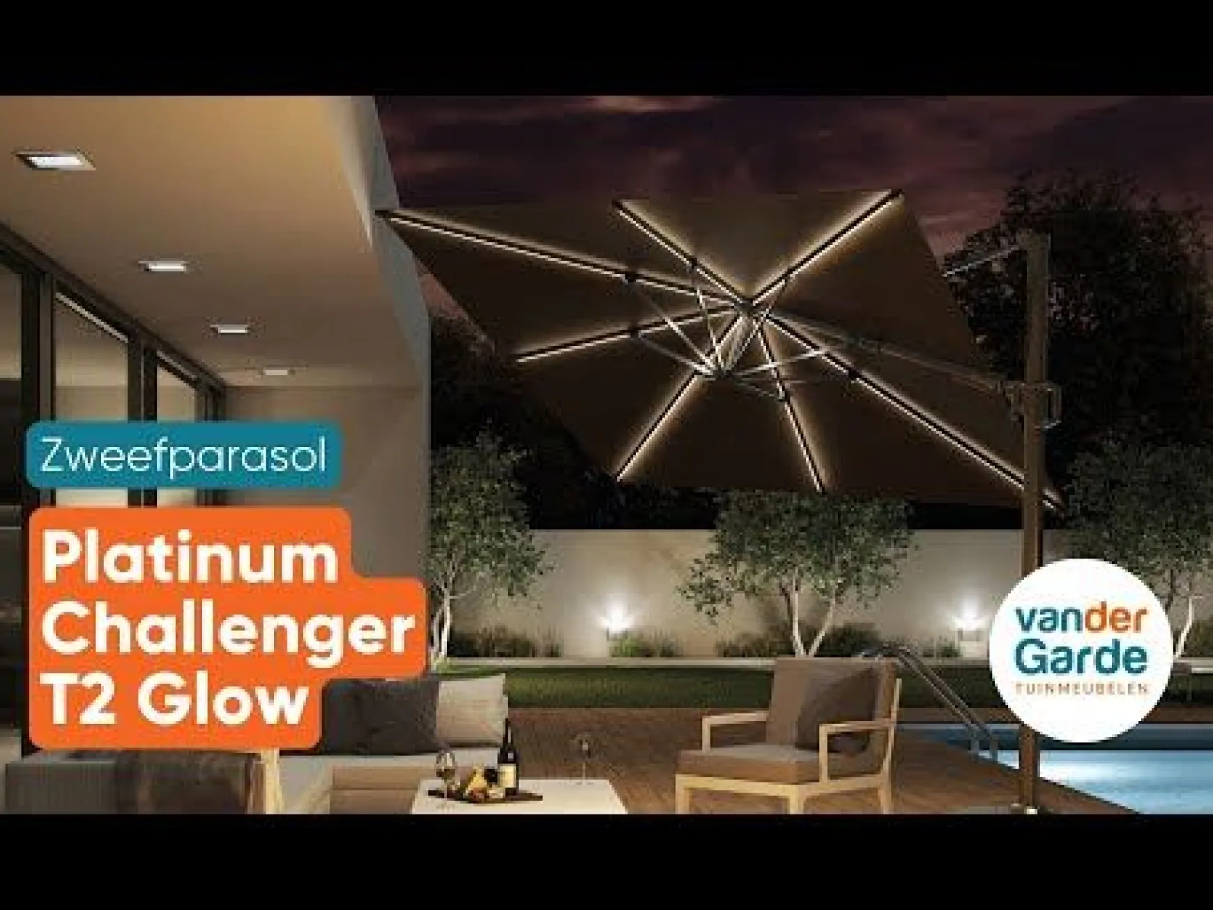Platinum Challenger Zweefparasol T2 Premium Glow 3x3 m. - Havana Taupe - Met verlichting