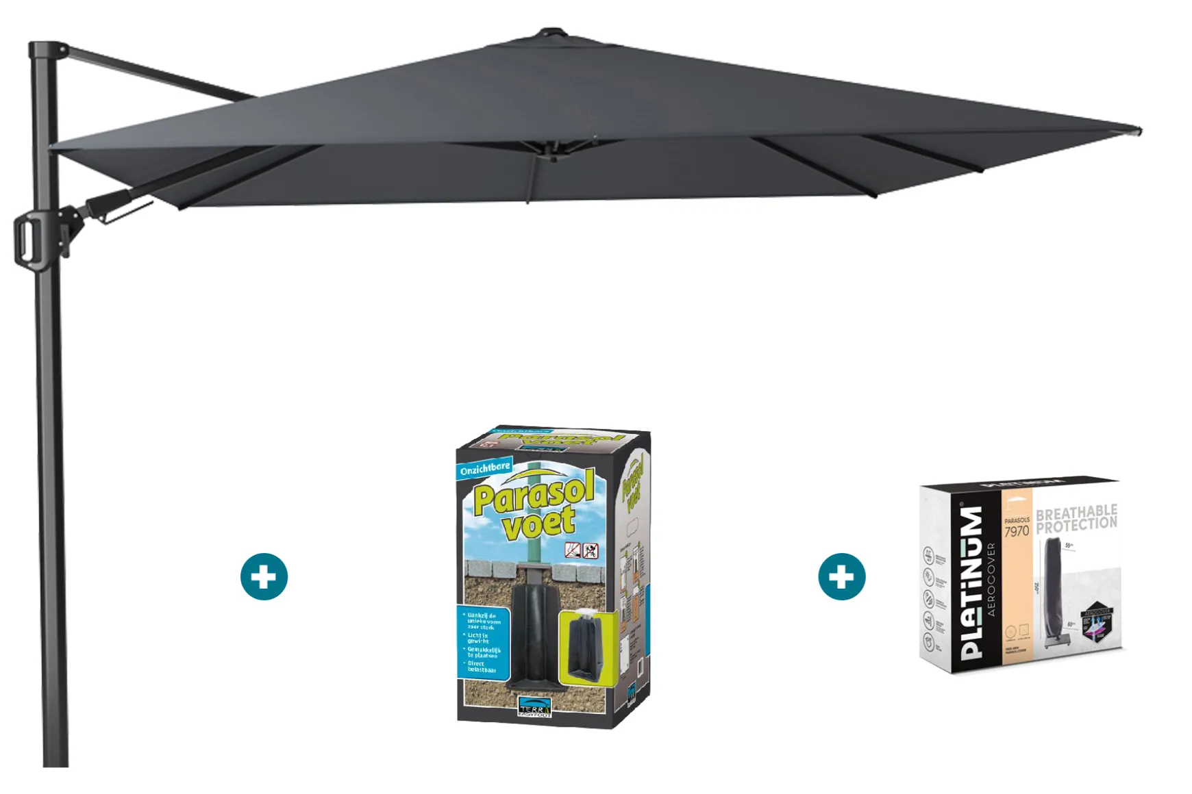 Platinum Challenger zweefparasol T2 - 3x3 m. - Antraciet - met ingraafvoet en hoes