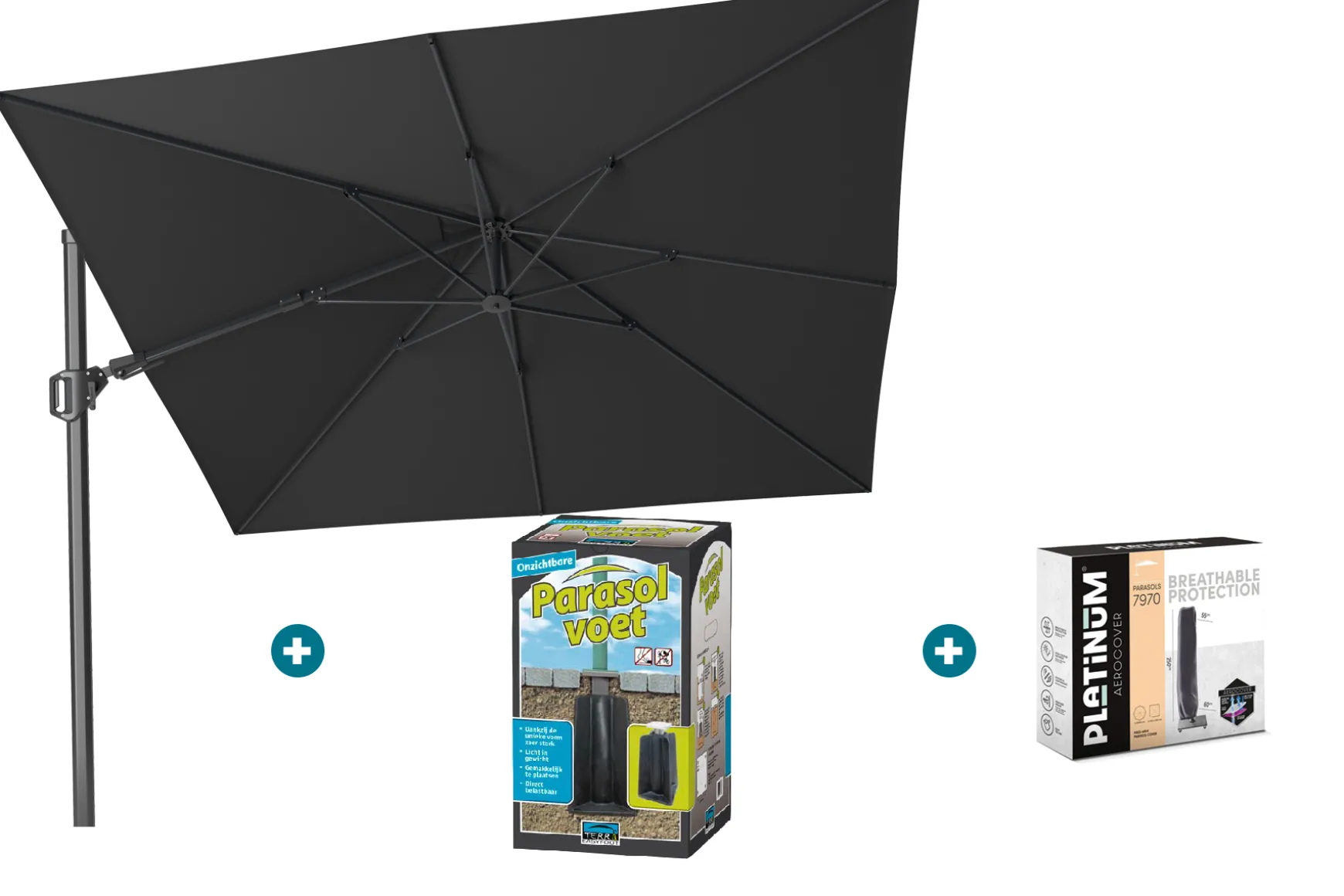 Platinum Challenger zweefparasol T2 - 3x3 m. - Faded Black- met ingraafvoet en hoes