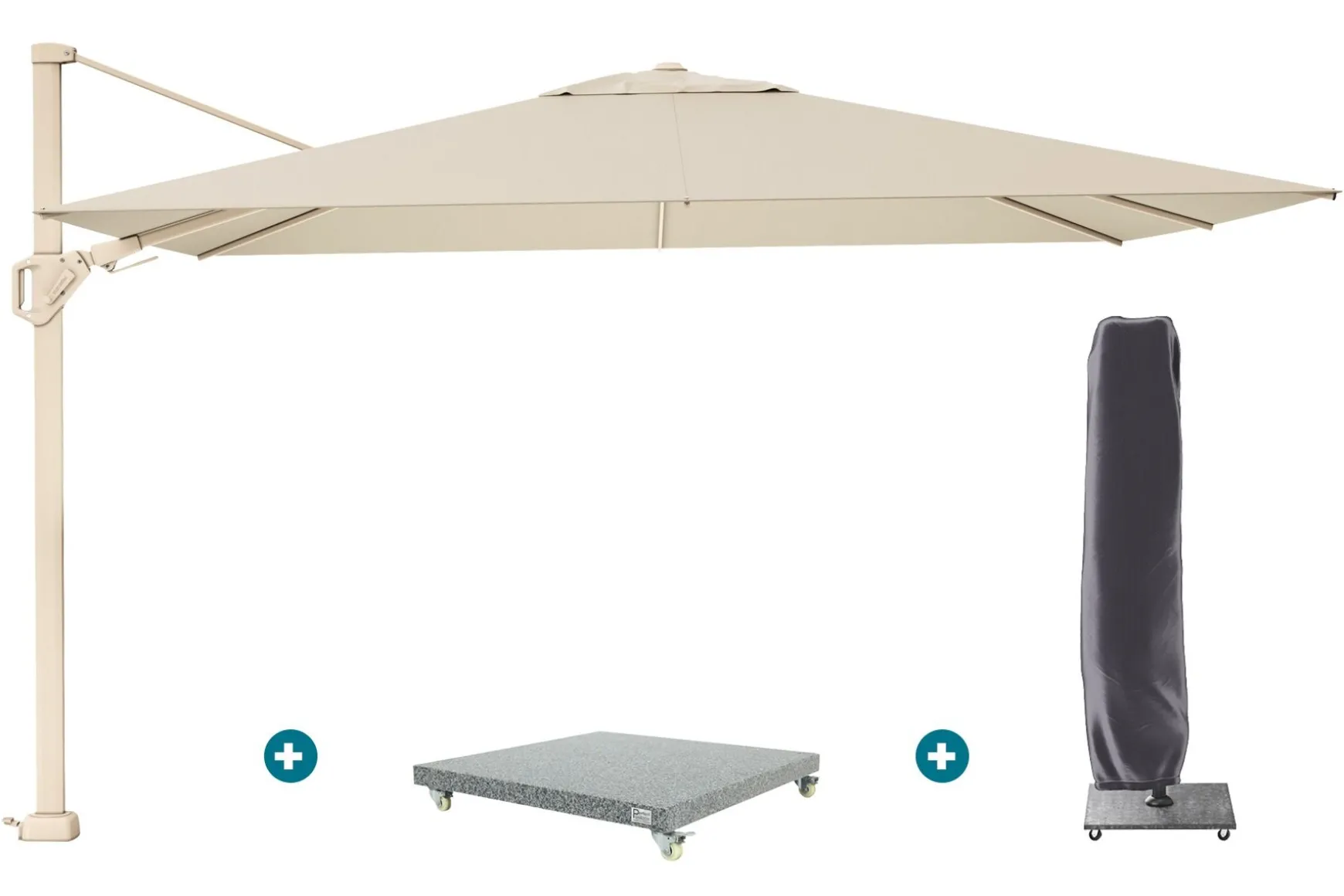 Platinum Challenger zweefparasol Premium T2 2,6x3,5 m - Sand Champagne met voet en hoes