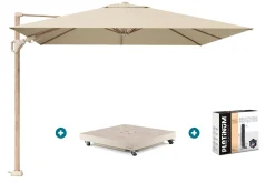 Platinum Challenger zweefparasol Premium T2 champagne teak met vulbare parasolvoet en hoes