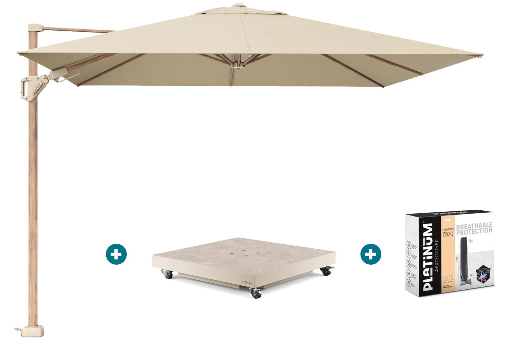 Platinum Challenger zweefparasol Premium T2 champagne teak met vulbare parasolvoet en hoes
