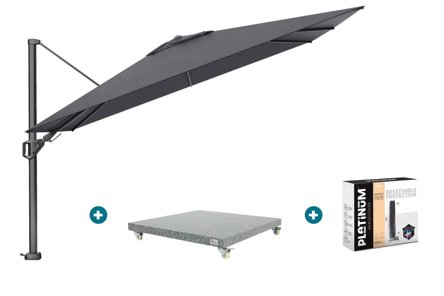 Platinum Challenger zweefparasol Premium T2 2,6x3,5 m - Faded Black met voet en hoes