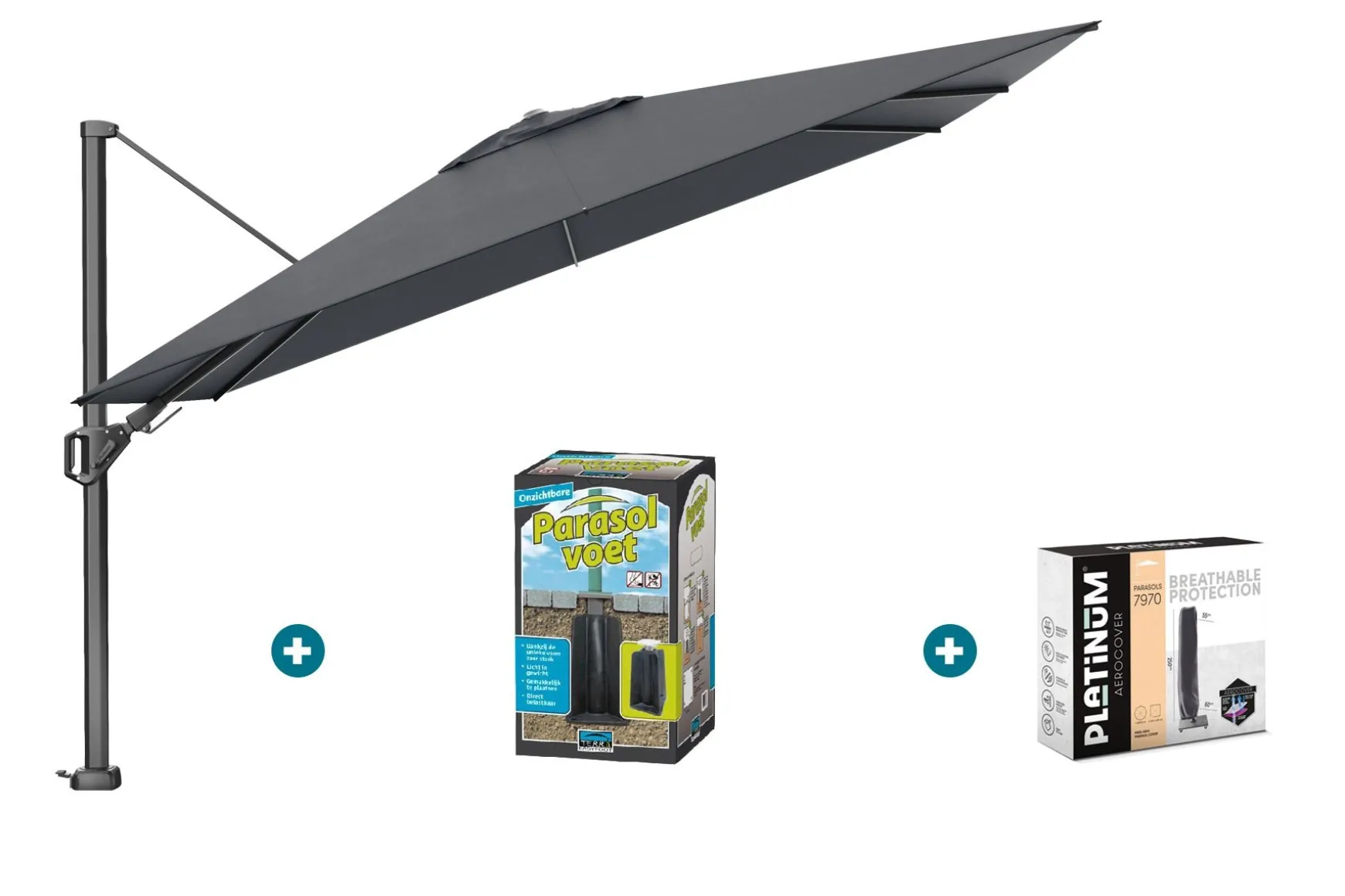 Platinum Challenger zweefparasol Premium T2 2,6x3,5 m - Faded Black met ingraafvoet en hoes