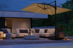 Platinum Challenger Zweefparasol T2 Premium Glow 3x3 m. - Havana Taupe met voet en hoes