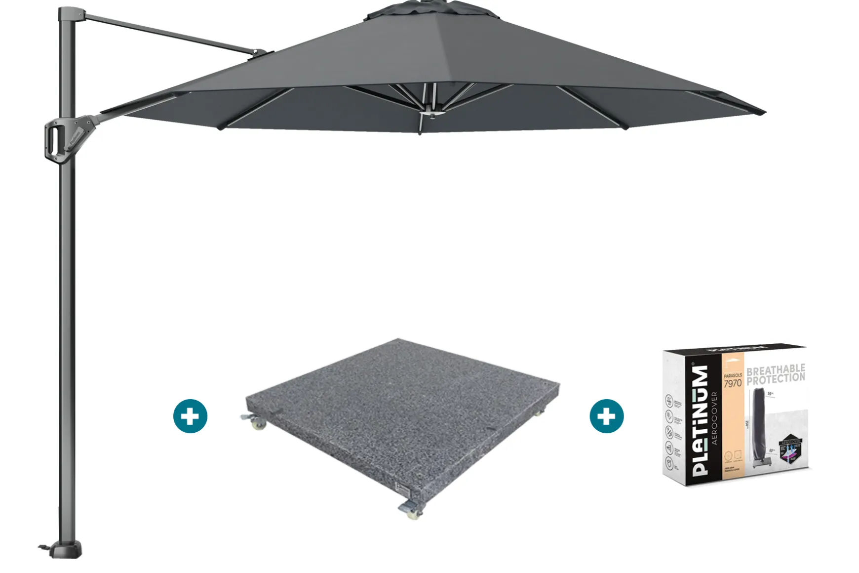 Platinum Voyager ronde zweefparasol T1 3 m. - Antraciet met voet en hoes