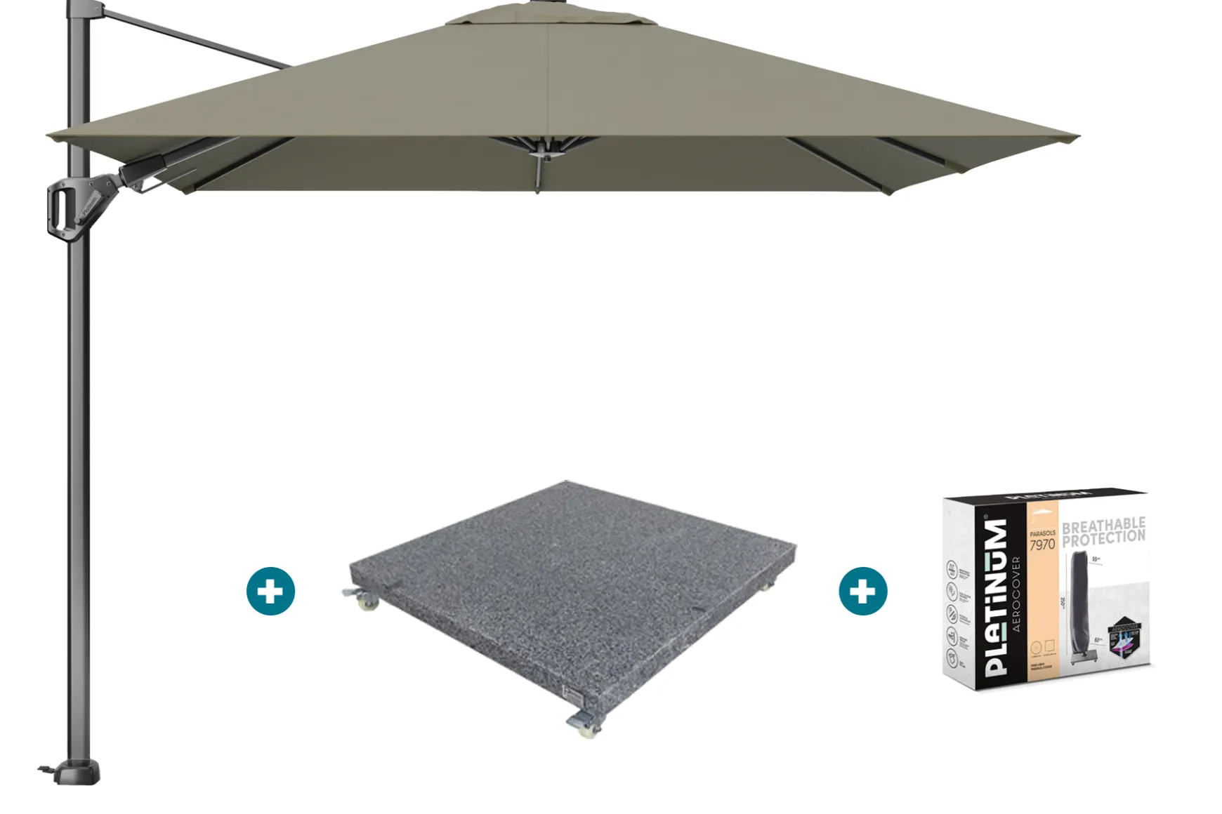 Platinum Voyager zweefparasol T2 2,7x2,7 m. - Taupe met voet en hoes