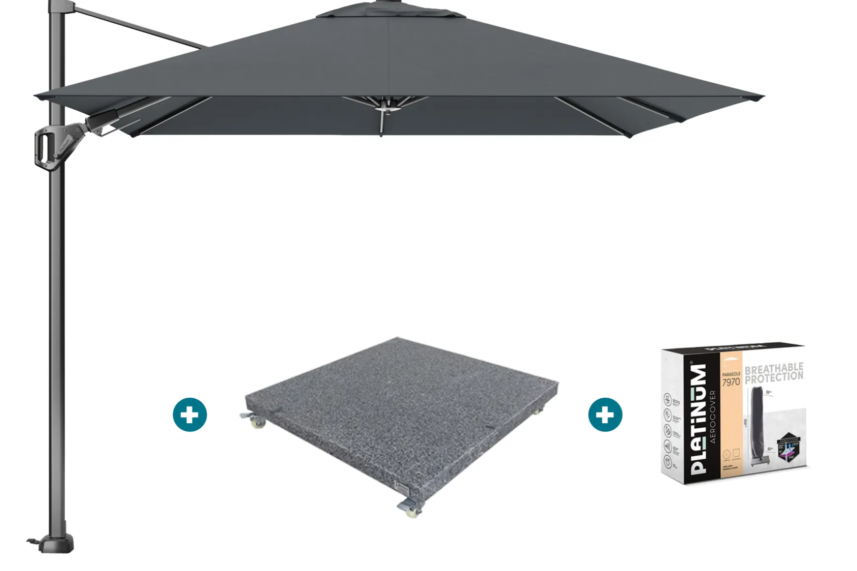 Platinum Voyager zweefparasol T2 2,7x2,7 m. - Antraciet met voet en hoes