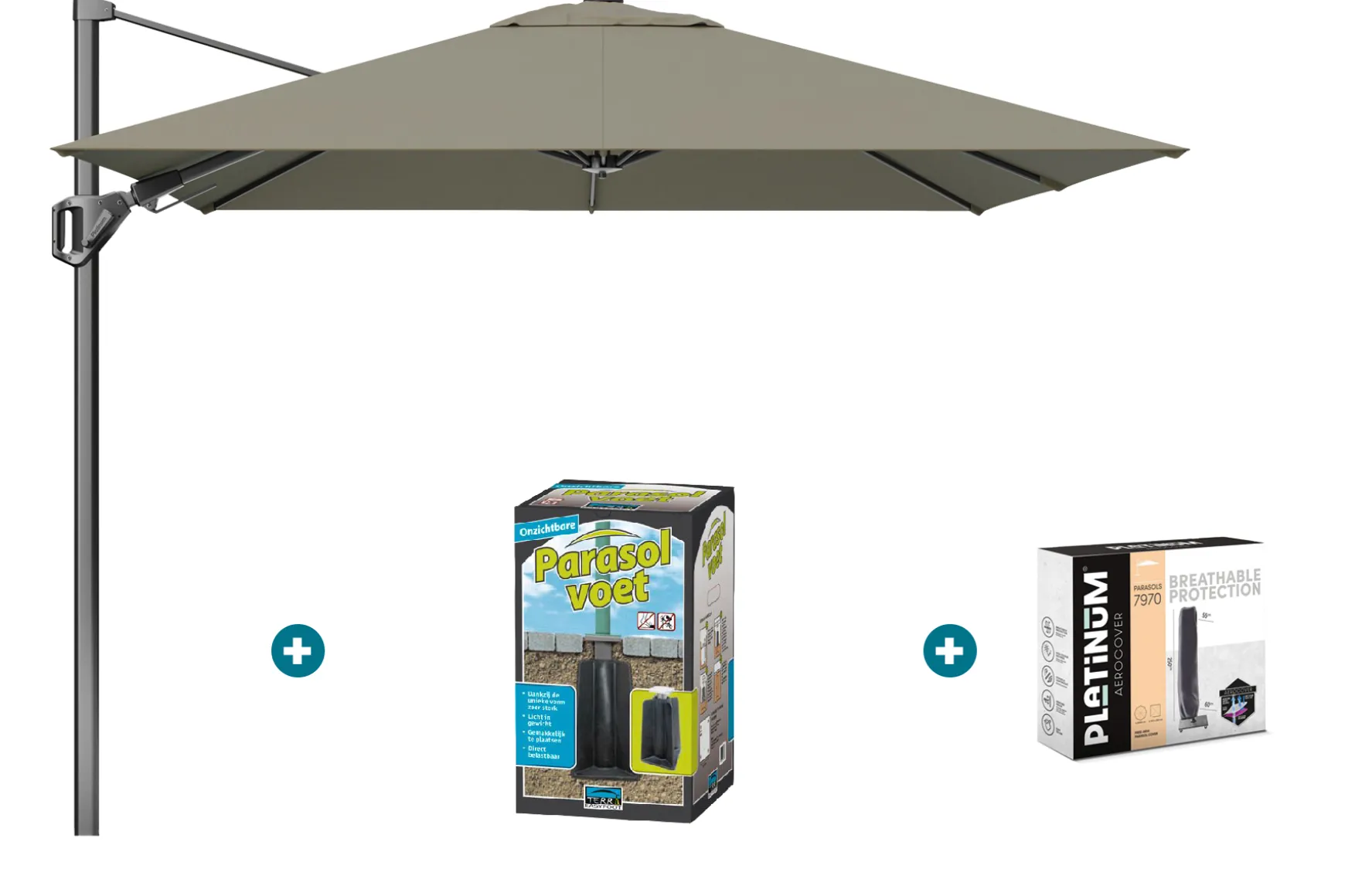Platinum Voyager zweefparasol T2 2,7x2,7 - Taupe met ingraafvoet en hoes