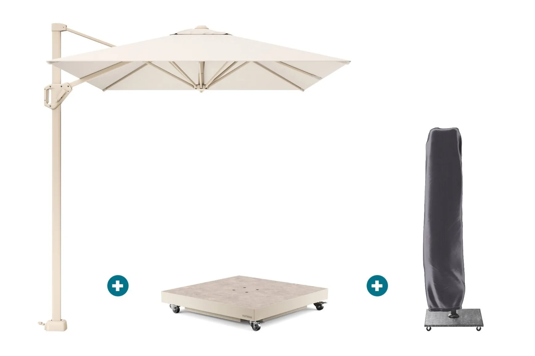 Platinum Voyager zweefparasol T1 2,5x2,5 m. - Sand Ivory met vulbare voet en hoes