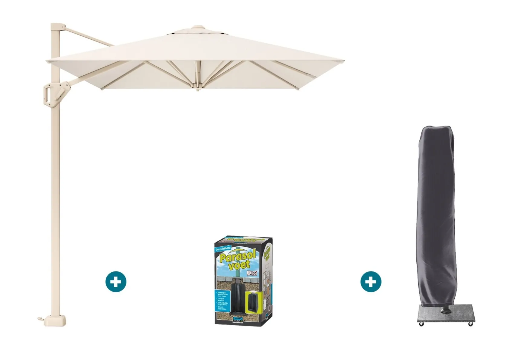 Platinum Voyager zweefparasol T1 2,5x2,5 m. - Sand Ivory met ingraafvoet en hoes