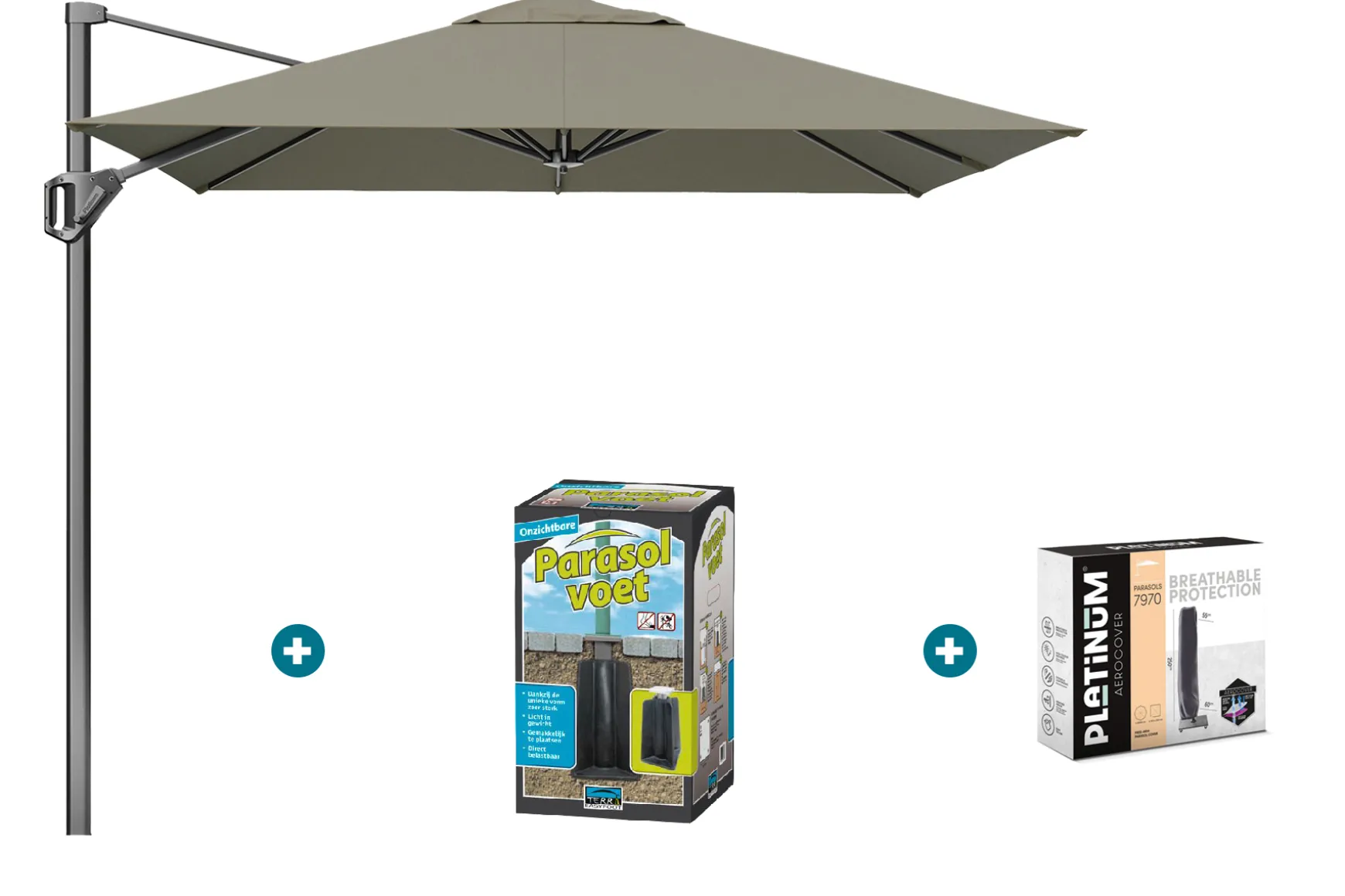 Platinum Voyager zweefparasol T1 2.5x2.5 m. - Taupe met ingraafvoet en hoes