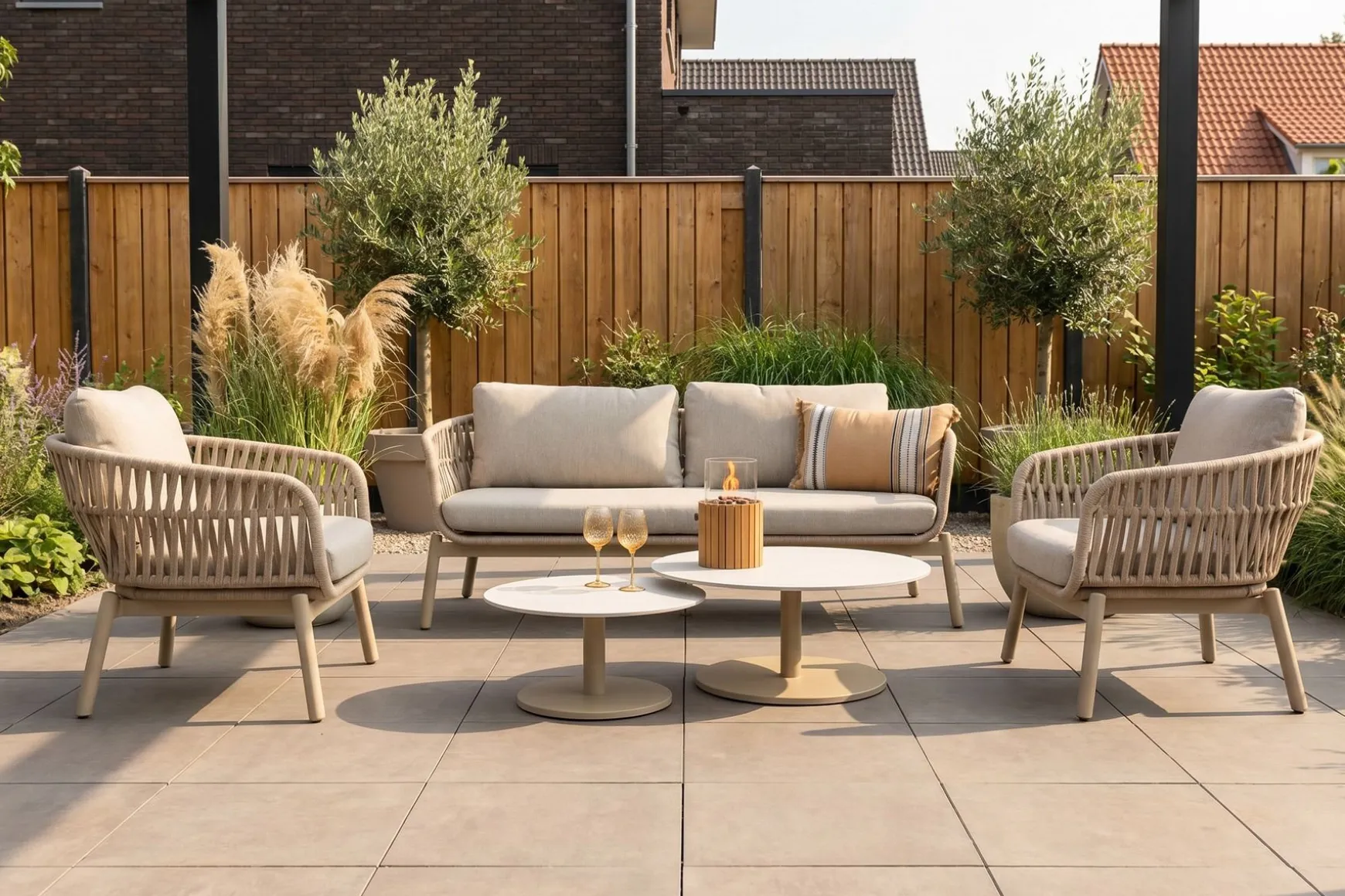 Romeo/Orion rope stoel-bank loungeset - Latte