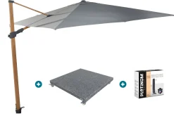 4-Seasons zweefparasol Siesta Premium 300 x 300 - woodlook/charcoal met voet en hoes