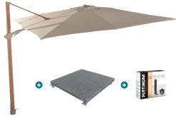 4-Seasons zweefparasol Siesta Premium 300 x 300 - Woodlook/Sand met voet en hoes