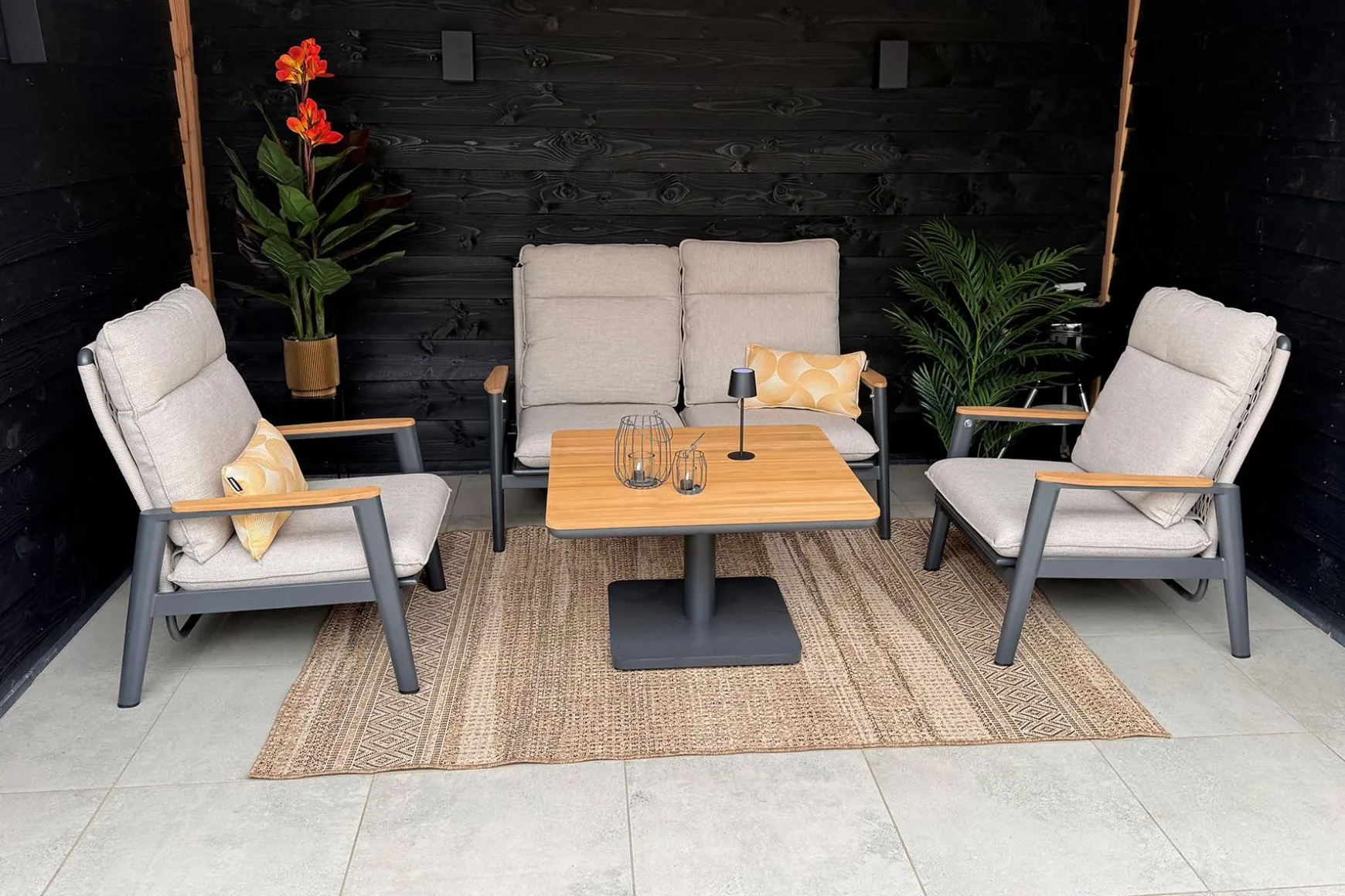 Solaro/Medina verstelbare (4-persoons) stoel-bank loungeset - Zand / Teak