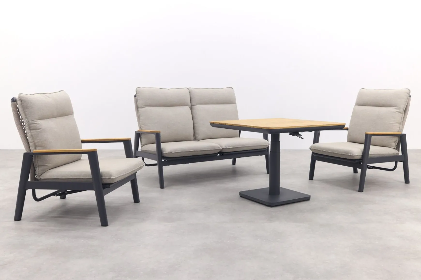 Solaro/Medina verstelbare (4-persoons) stoel-bank loungeset - Zand / Teak