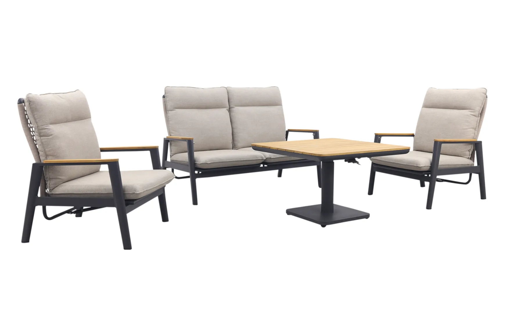 Solaro/Medina verstelbare (4-persoons) stoel-bank loungeset - Zand / Teak