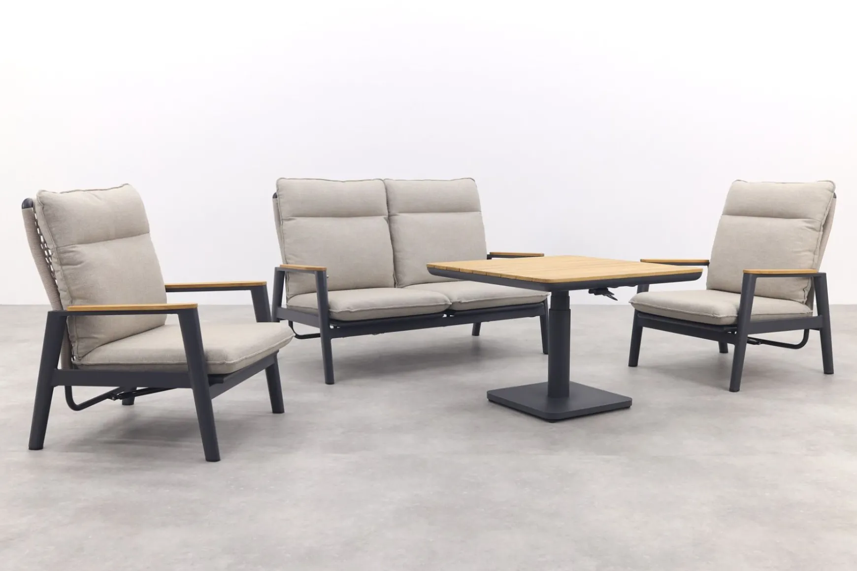 Solaro/Medina verstelbare (4-persoons) stoel-bank loungeset - Zand / Teak