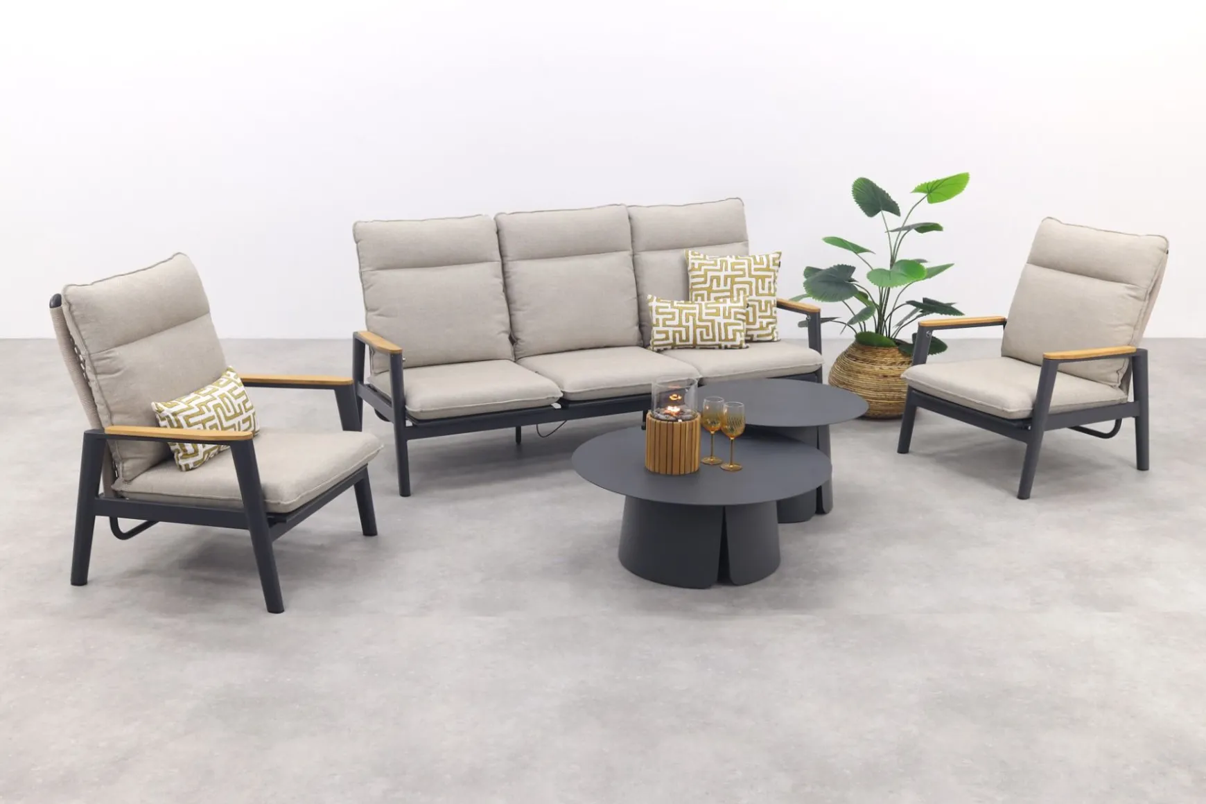 Solaro/Velora verstelbare (5-persoons) stoel-bank loungeset - Zand / Royal Grey