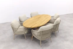 4SO Sardinia/Prado low dining tuinset 240x115 cm. (7-delig) - Latte/Teak