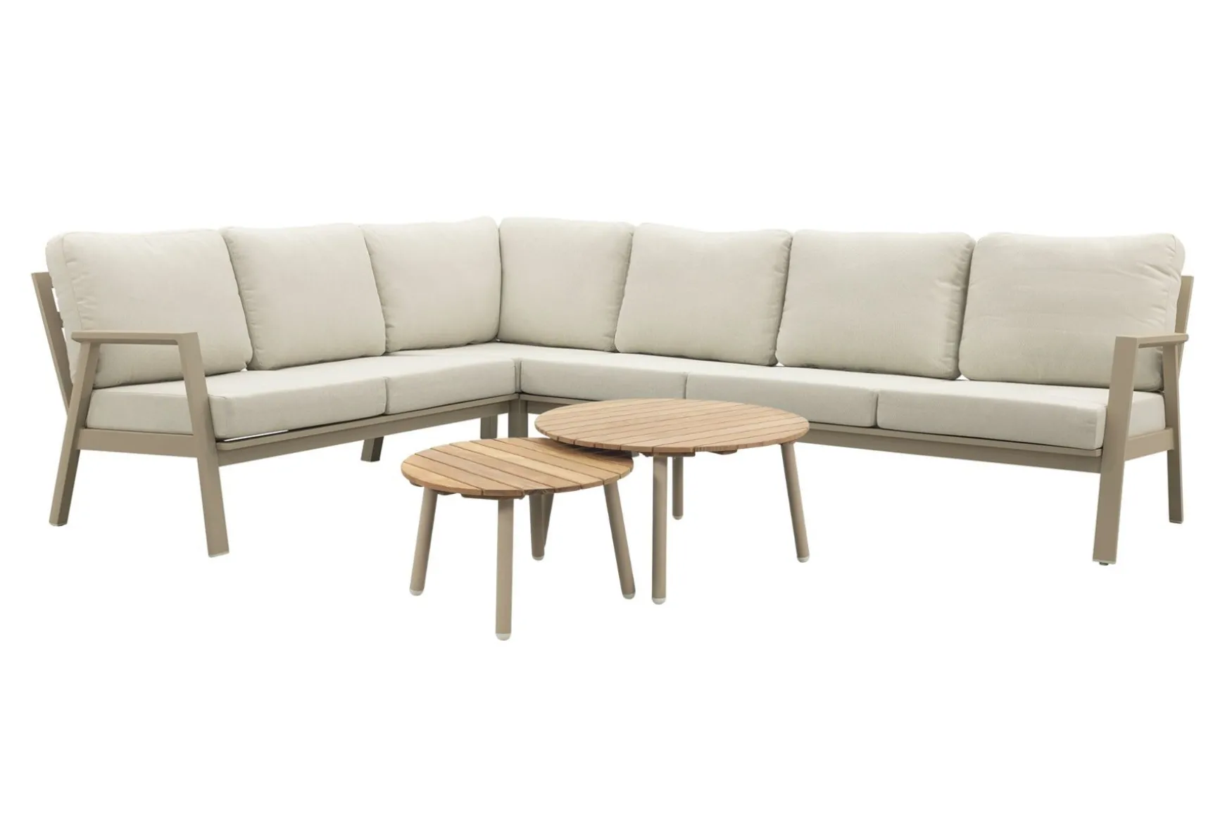Viento/Mindo L-vorm loungeset links/rechts opstelbaar met ronde loungetafels - Latte