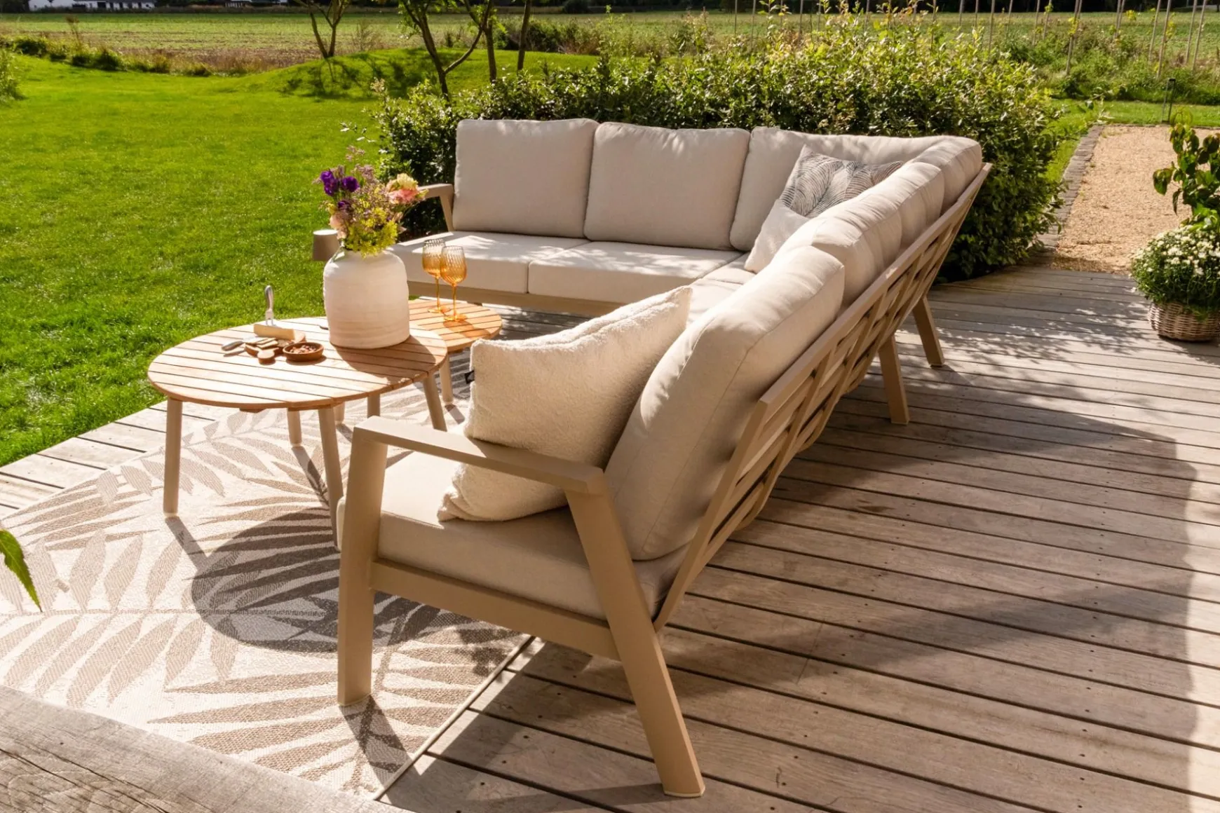 Viento/Mindo L-vorm loungeset links/rechts opstelbaar met ronde loungetafels - Latte